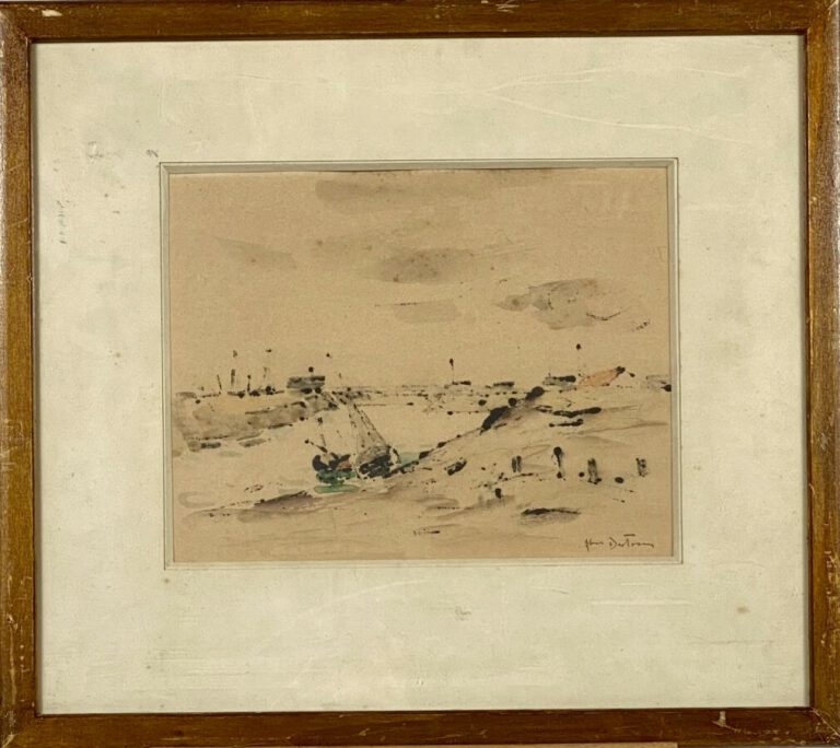 Abel BERTRAM. Entrée du port. aquarelle, signée en bas à droite. 19 x 26 cm