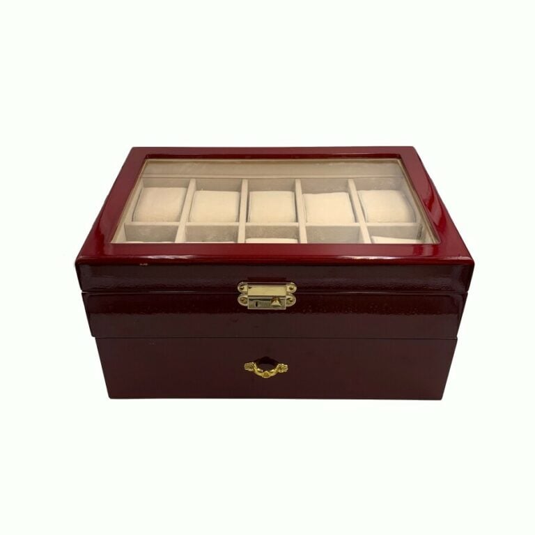 BOITE DE RANGEMENT pour MONTRES en bois laqué de couleur bordeaux. - Dim. : 20…