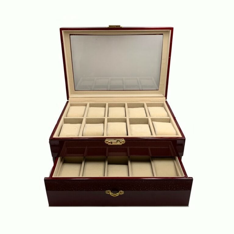 BOITE DE RANGEMENT pour MONTRES en bois laqué de couleur bordeaux. - Dim. : 20…