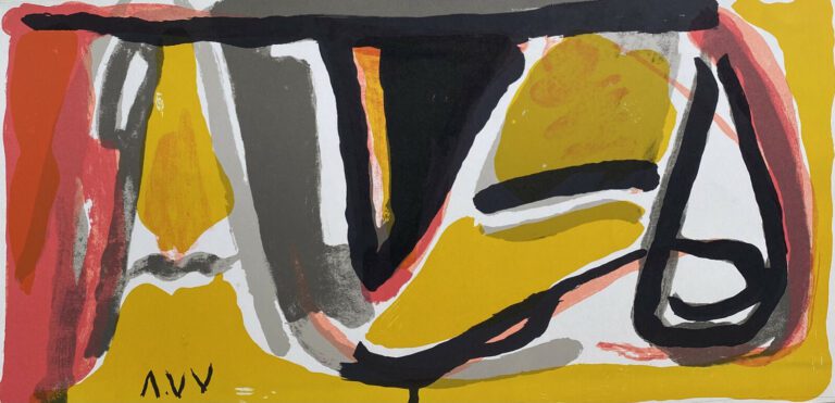 Bram Van Velde. Composition Abstraite sur fond jaune.. Lithographie.30x56 cm.