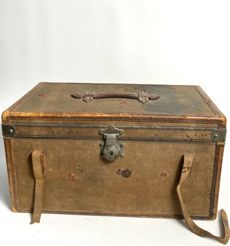 Coffre à ménagère en toile et cuir (33 x 60 x 31 cm)