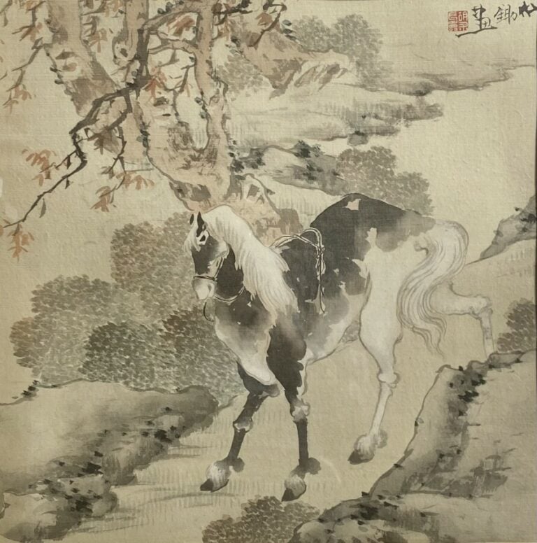 Deux aquarelles chinoises "buffle" et "cheval"