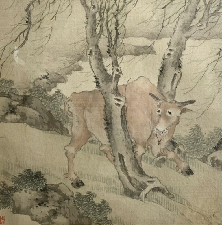 Deux aquarelles chinoises "buffle" et "cheval"