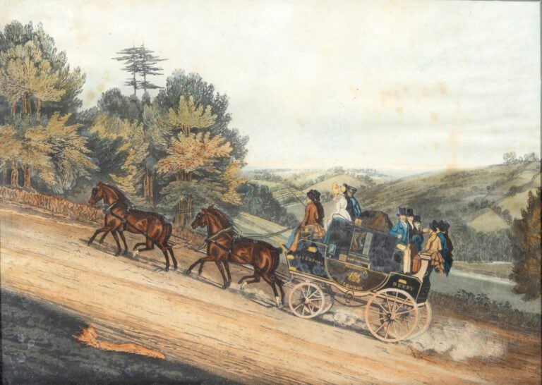 Deux gravures polychromes rehaussées formant pendant à décor de scènes de calèc…