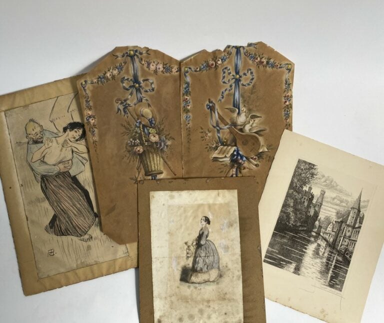 Deux papiers de riz : "Dignitaire" (accidents et manques), et "Fleurs et oiseau…