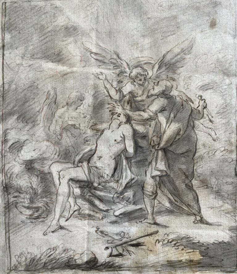 Ecole française fin XVIIème.Le sacrifice d'Isaac. Plume et lavis d'encre.21 x 1…