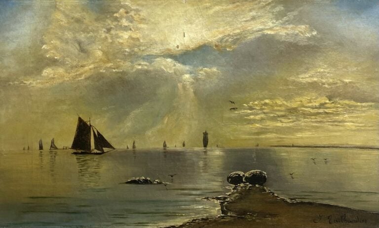 Ecole française XIXème. - Bord de mer aux voiliers - Huile sur toile, porte une…