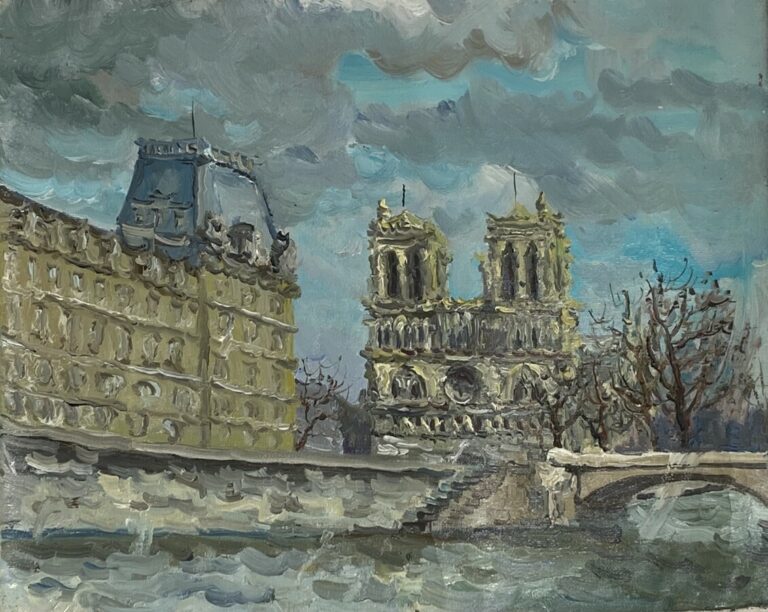 Ecole française XXème siècle - "La Seine et Notre-Dame" - Huile sur toile (Sans…
