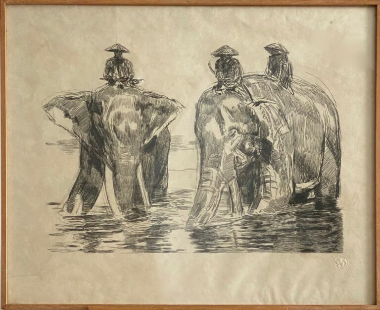Ecole française XXème siècle - Les éléphants - Pointe sèche sur papier, - 40x50…
