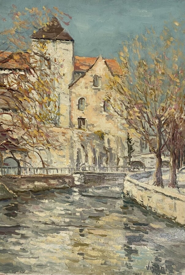 Ecole française XXème siècle - "Paysage au canal" - Huile sur toile (Sans châss…