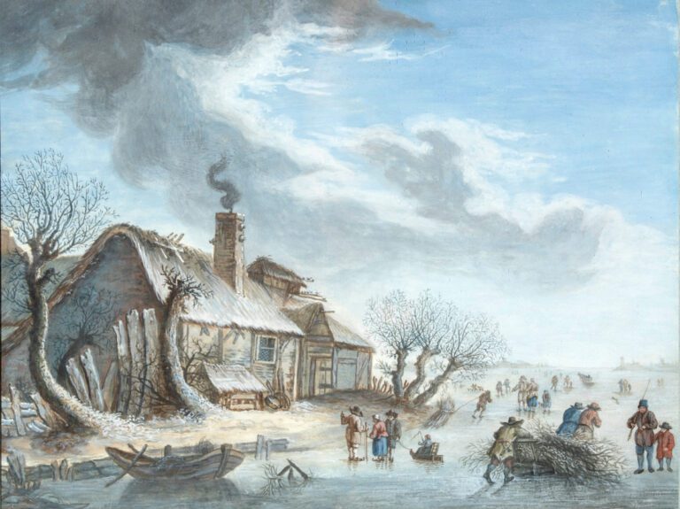 École hollandaise vers 1800 - Les patineurs sur une rivière gelée - Aquarelle g…