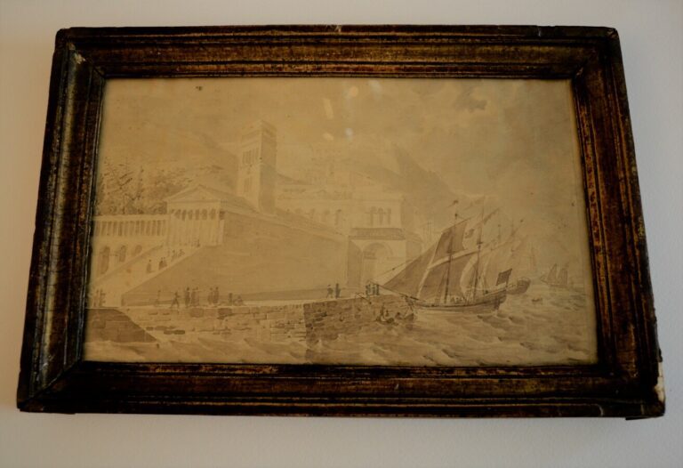 Ecole italienne vers 1800. Bateau au port. lavis d'encre.16.5 x 26.5 cm