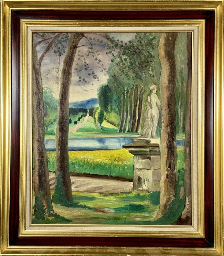 Ecole russe "statue dans un jardin" huile sur toile, signée en bas à gauche.55…