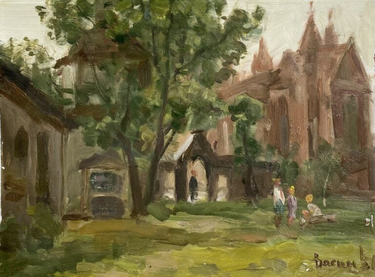 Ecole russe XXème.Vladimir VASSINE."Devant l'église" Huile sur carton. Porte un…