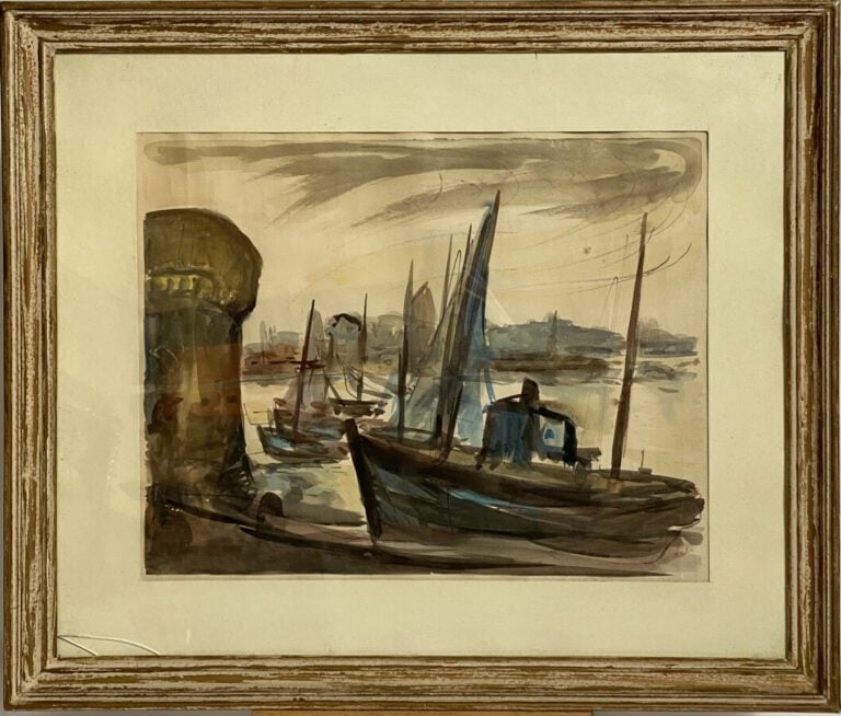 Ecole XXème - Bateaux au port - Aquarelle, porte une signature en bas à droite…