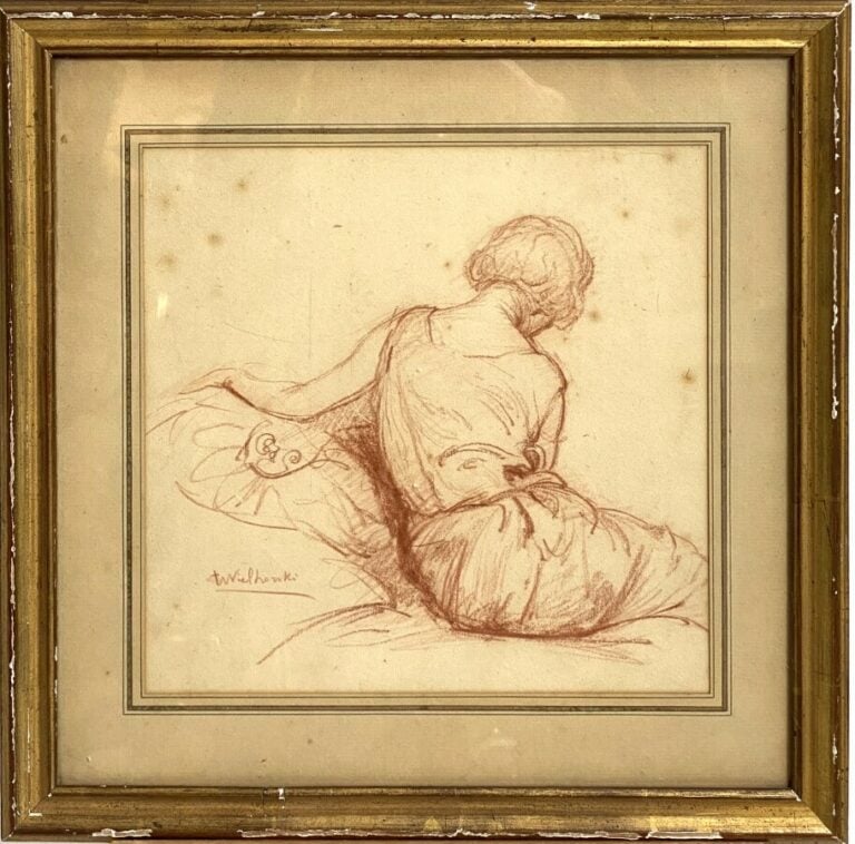 Ecole XXème siècle - Femme assise de dos - Sanguine - 23 x 23 cmPorte une signa…