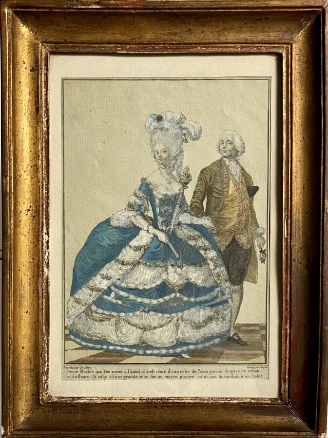Ensemble de 7 gravures diverses : "Jeune mariée", Squero Venise", "Jeune page",…