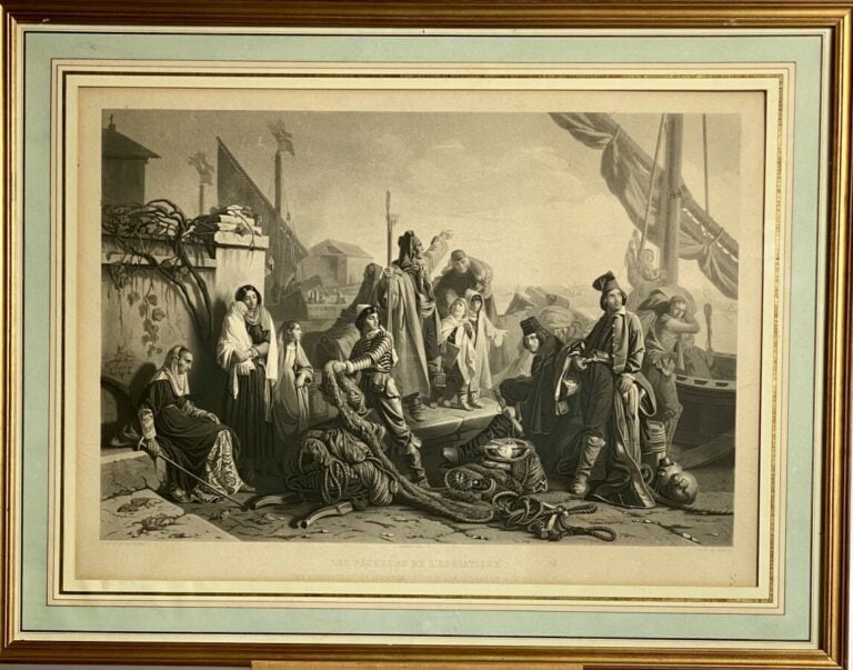 Ensemble de 7 gravures diverses : "Jeune mariée", Squero Venise", "Jeune page",…