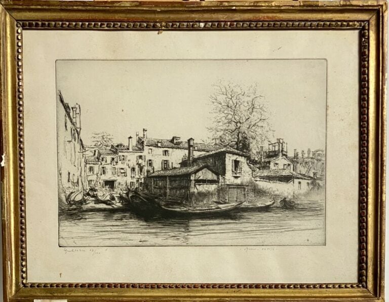 Ensemble de 7 gravures diverses : "Jeune mariée", Squero Venise", "Jeune page",…
