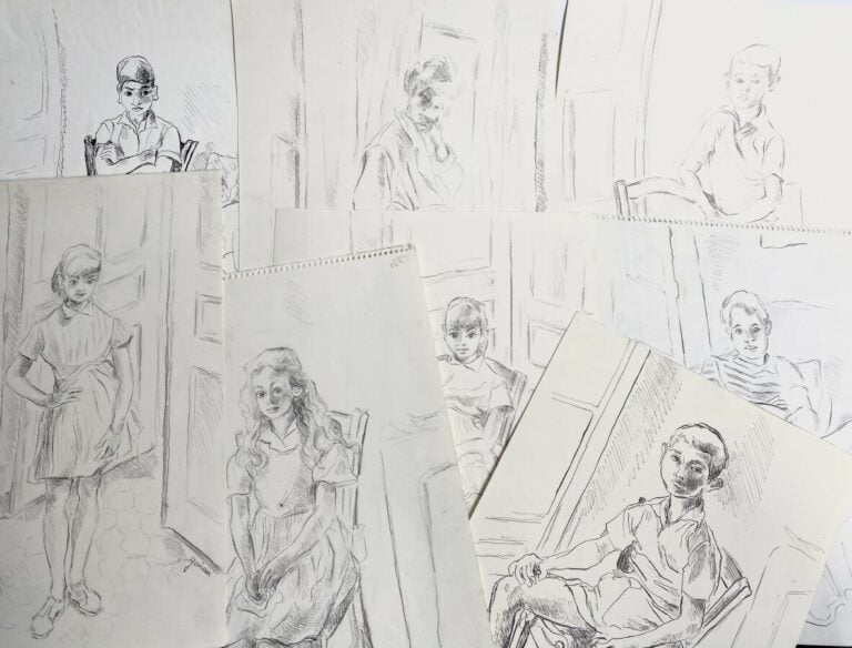 GOIRAN . Lot de 8 dessins "portraits d'enfants,". encres et crayonsFormats dive…