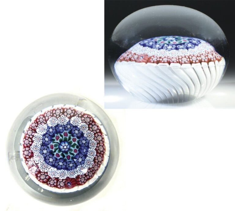 Grenelle.Presse-papiers à motif de panier millefiori composé de trois cercles c…