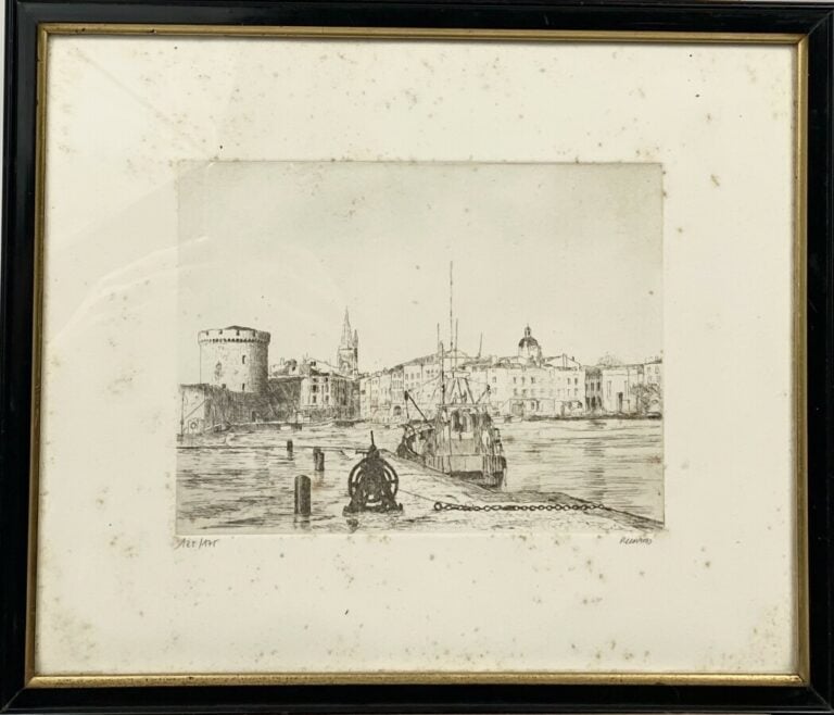 Haudrey. aquarelle "Bateau de pêche" et gravure "Port de pêche"