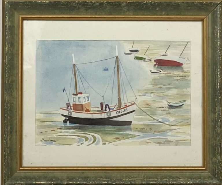 Haudrey. aquarelle "Bateau de pêche" et gravure "Port de pêche"