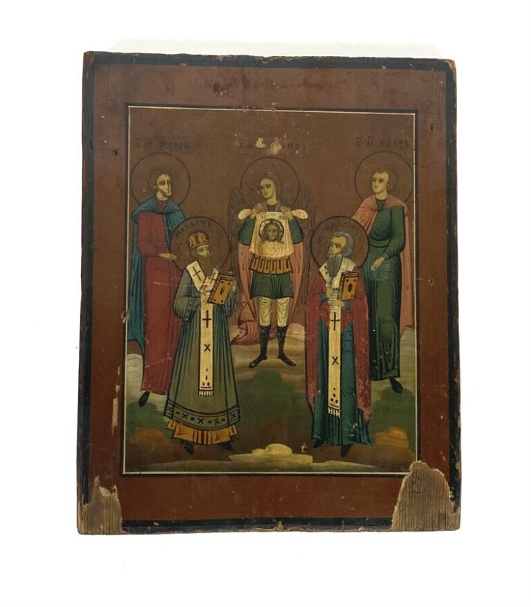Icone russe avec cinq Saints dont un présentant un voile avec la Sainte Face. -…