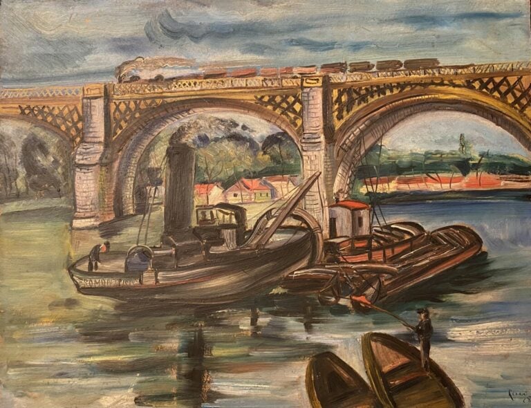 Irène RÉNO (Irène Hassenberg) dit (1884-1953) - Les chalands à Melun, 1928 - Hu…
