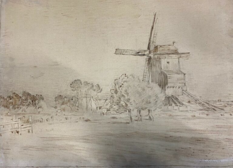 Jean-Charles CAZIN (1841-1901) - Moulin dans un paysage - Dessin et huile sur t…