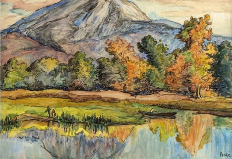 Jean PESKÉ (1870-1949) - Pêcheurs au bord du lac dans un paysage montagneux - A…