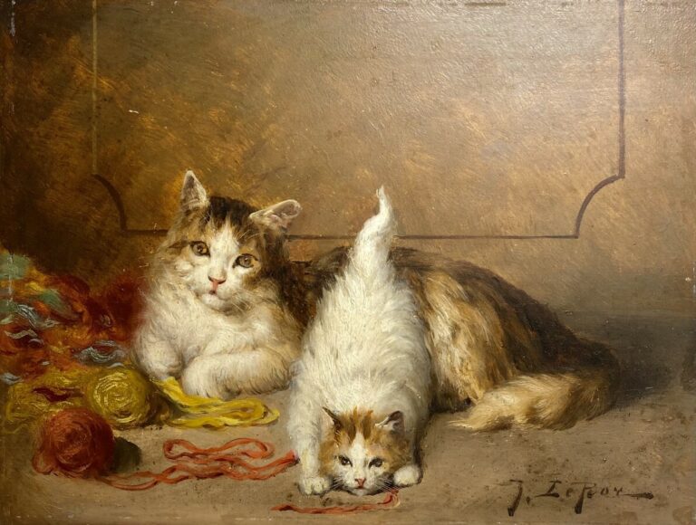 Jules Gustave LE ROY (1856-1921). - Deux chats et pelotes de laine. - Huile sur…