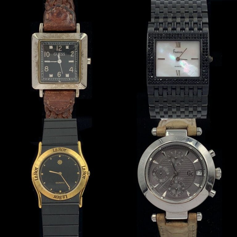 LOT de quatre BRACELETS MONTRES en métal des marques GUESS, FREELOOK, LEROY.