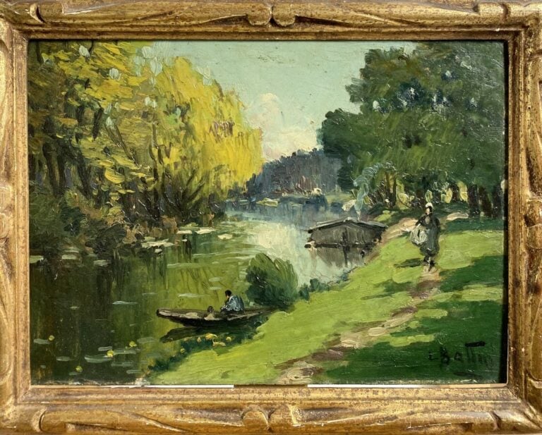 Louis BATTIN - Bord de rivière - Huile sur carton, signée en bas à droite - 15.…