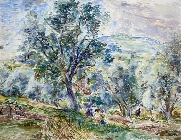 Marie DINA. "Lecture sous les arbres", aquarelle signée en ba sà droite et daté…