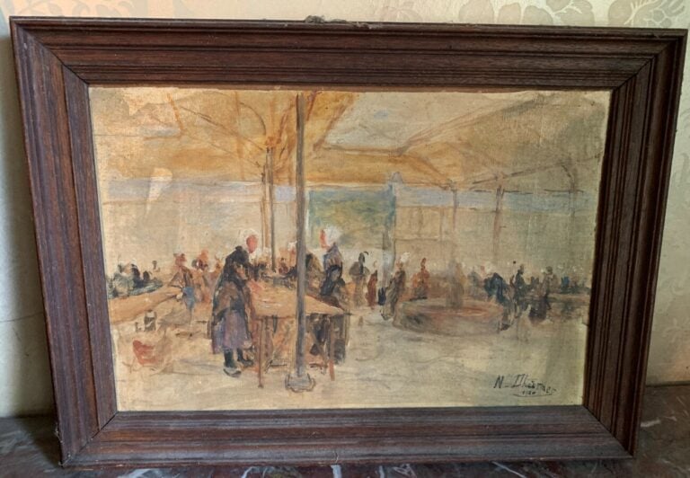 N. DHURMER. La Halle. Huile sur carton. 22x32.5 cm