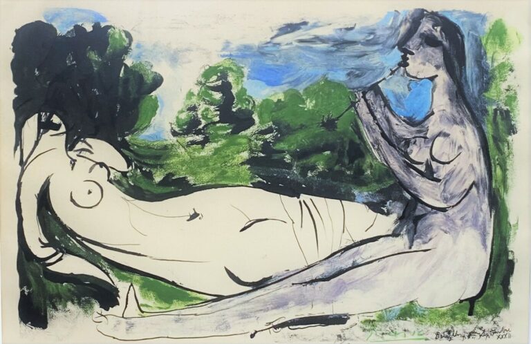 Pablo PICASSO (1881-1973) (d'après) - "Femme nue couchée et joueur de flûte" ,1…