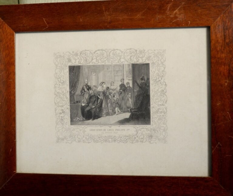 Plat de reliure aux armes de France etgravure encadrée "Abdication de Louis Phi…