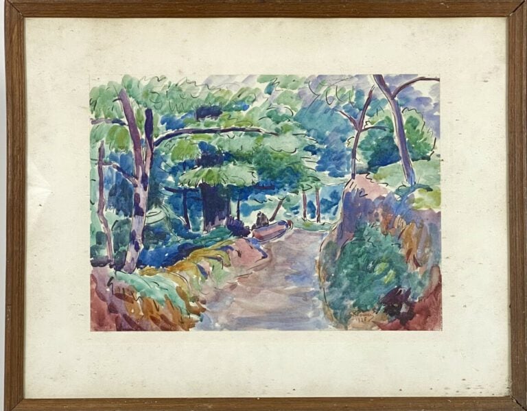 POIRIER.Aquarelle " Paysage de foret "1928, signé en bas à droite .27 X 37 cm +…