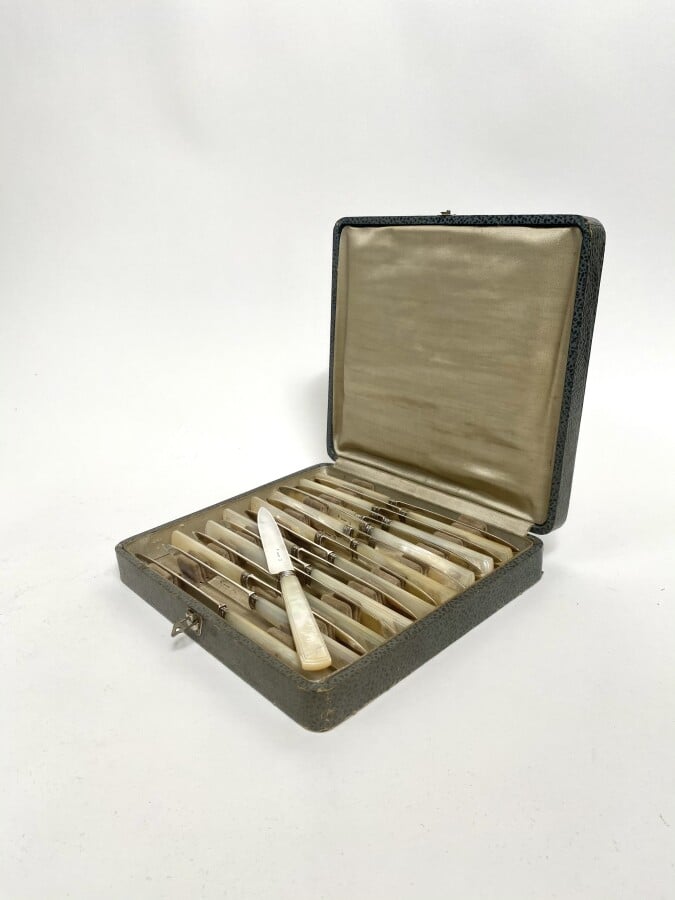 Un coffret comprenant 18 couteaux manches nacre, lames argent (950 millièmes, p…