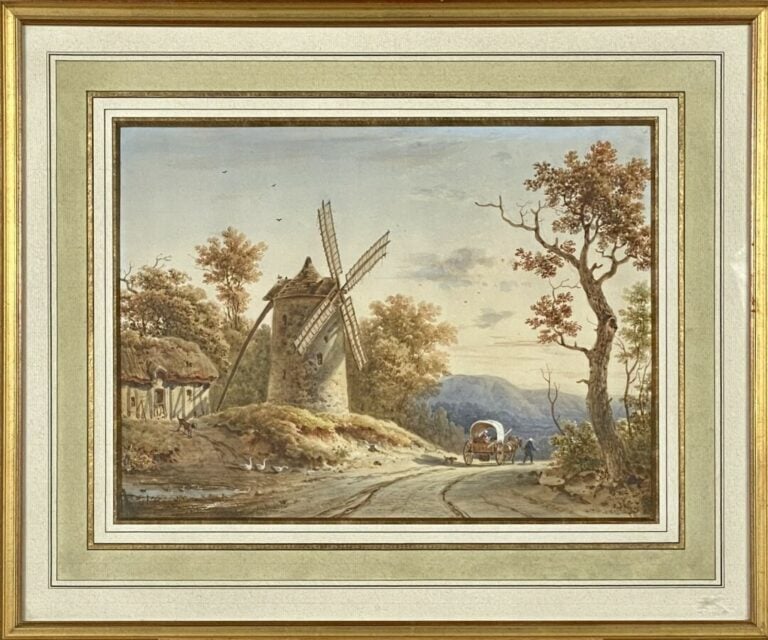 Victor DE GRAILLY (Paris, 1804 1889) - Chemin longeant un moulin animé de voyag…