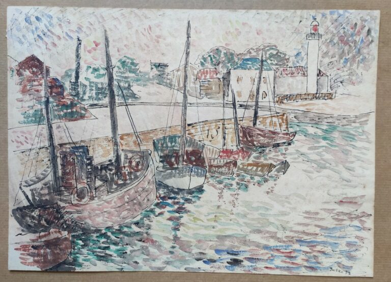 A Jacques GOTKO ( 1899-1944) - Le port, 1939 - Encre et aquarelle sur papier, s…
