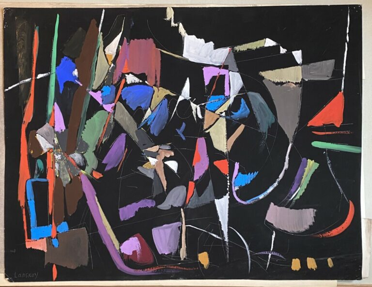 André LANSKOY (1902-1976) - Composition - Gouache sur papier sur fond noir, sig…