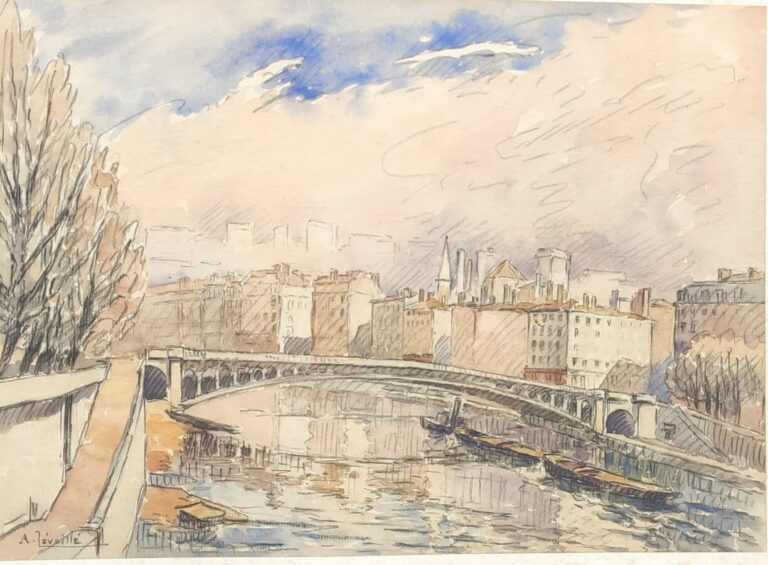 André LEVEILLE (1880-1963) - Le pont - Aquarelle et crayon sur papier, signé en…