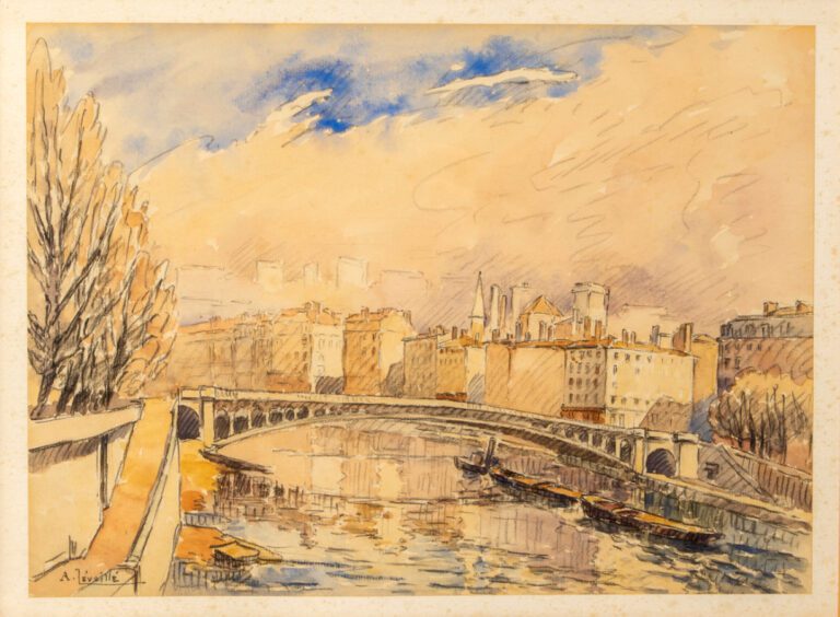 André LEVEILLÉ (1880-1963) - Paysage de Paris, - Aquarelle sur papier, signée e…