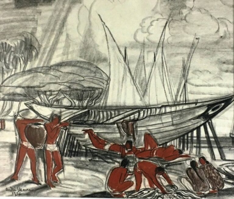 ANDRE MAIRE - Pêcheurs se reposant près de leur embarcation - Fusain et sanguin…