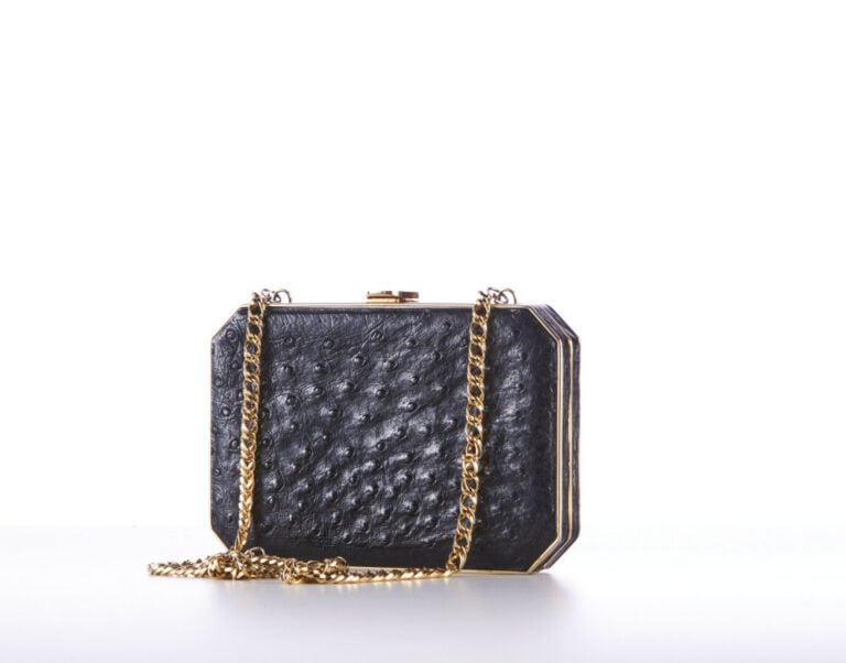 ANONYME - MINAUDIÈRE en autruche noir et métal doré - 18 x 13 cm