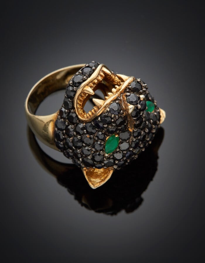BAGUE « panthère » en vermeil (925) ajouré et sculpté, pavé de spinelles noirs,…