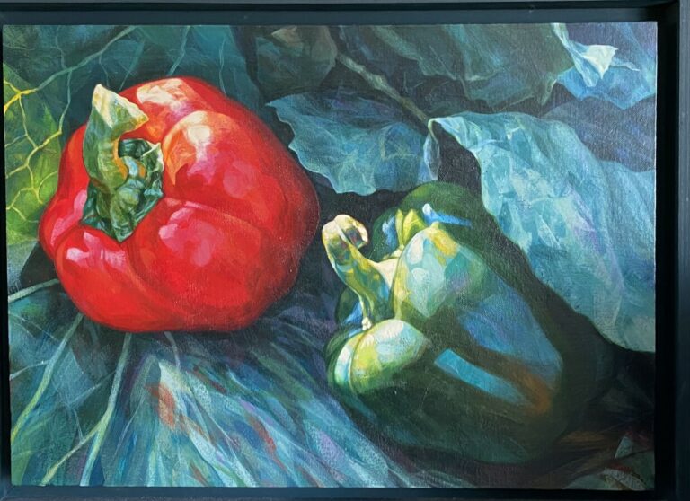 Bastien MILLAU;"Les poivrons", huile sur toile contrecollée sur panneau. Signée…