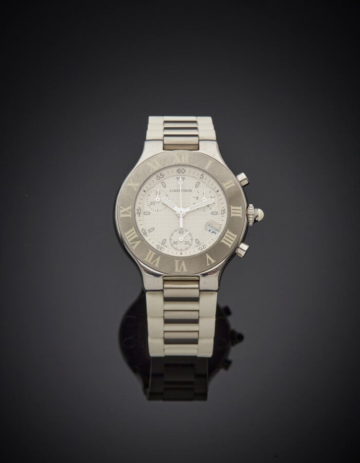 CARTIER - BRACELET MONTRE chronographe, modèle "Chronoscaph 21" en acier. Lunet…